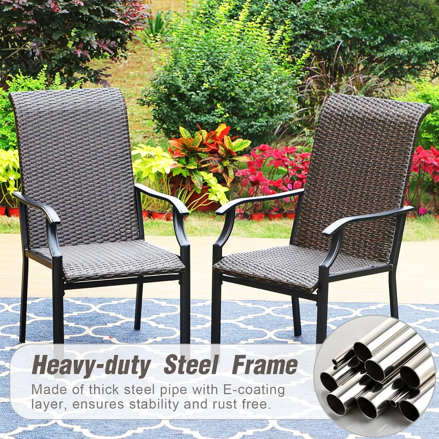 Outdoor Rattan Dining Chairs Set of 2, Extra Large High Back Wicker Armchairs with Steel Frame