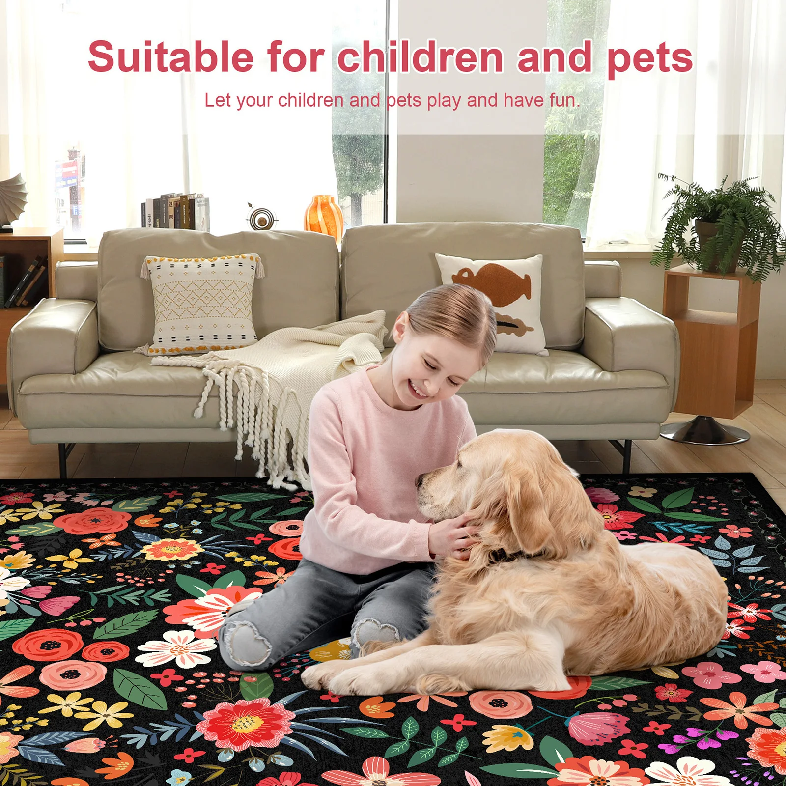 

8' X 10' Floral Rug Boho Soft Carpet Non Slip Floor Carpet Low Pile Indoor Carpet for Large Living Room Bedroom