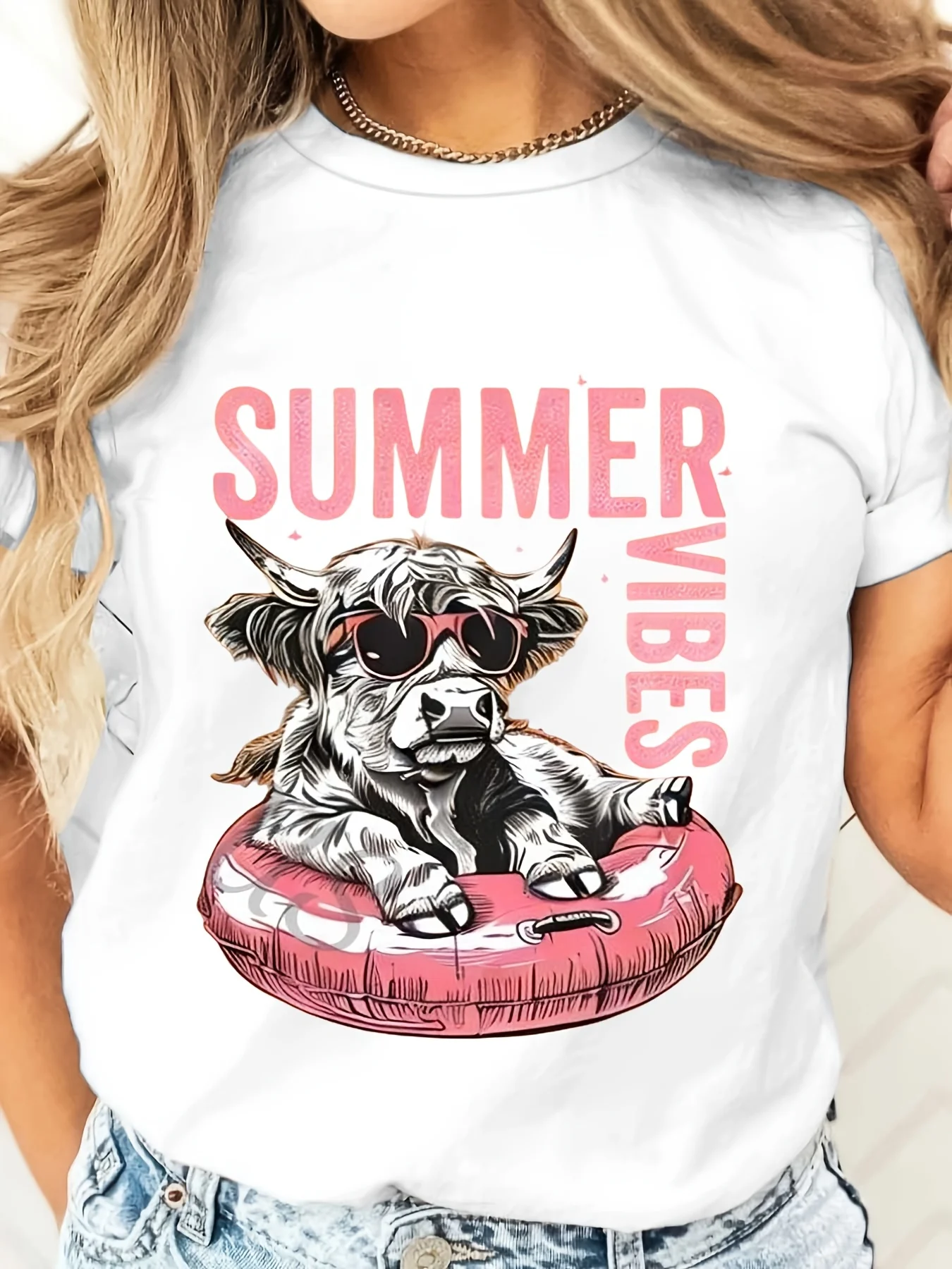 Summer Vibes Cow In Sunglasses On Pink Float T-Shirt, Funny Summer Holiday Graphic Tee, Beach Vacation Party Wear