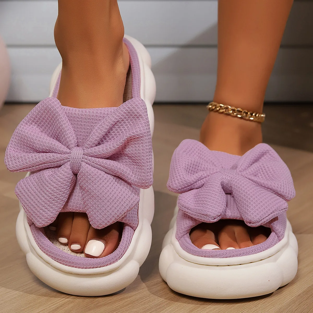 Big Bow Knot Cotton Linen Slippers For Women Home Floor Shoes Thick Sole Anti-slip Breathable Fabric Female Indoor Slides