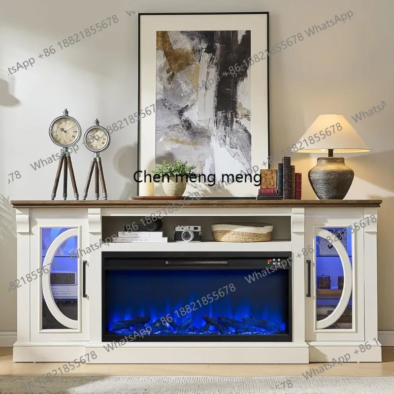 80 TV & Electric Fireplace Entertainment Center, Antique White with Glass Door Cabinet
