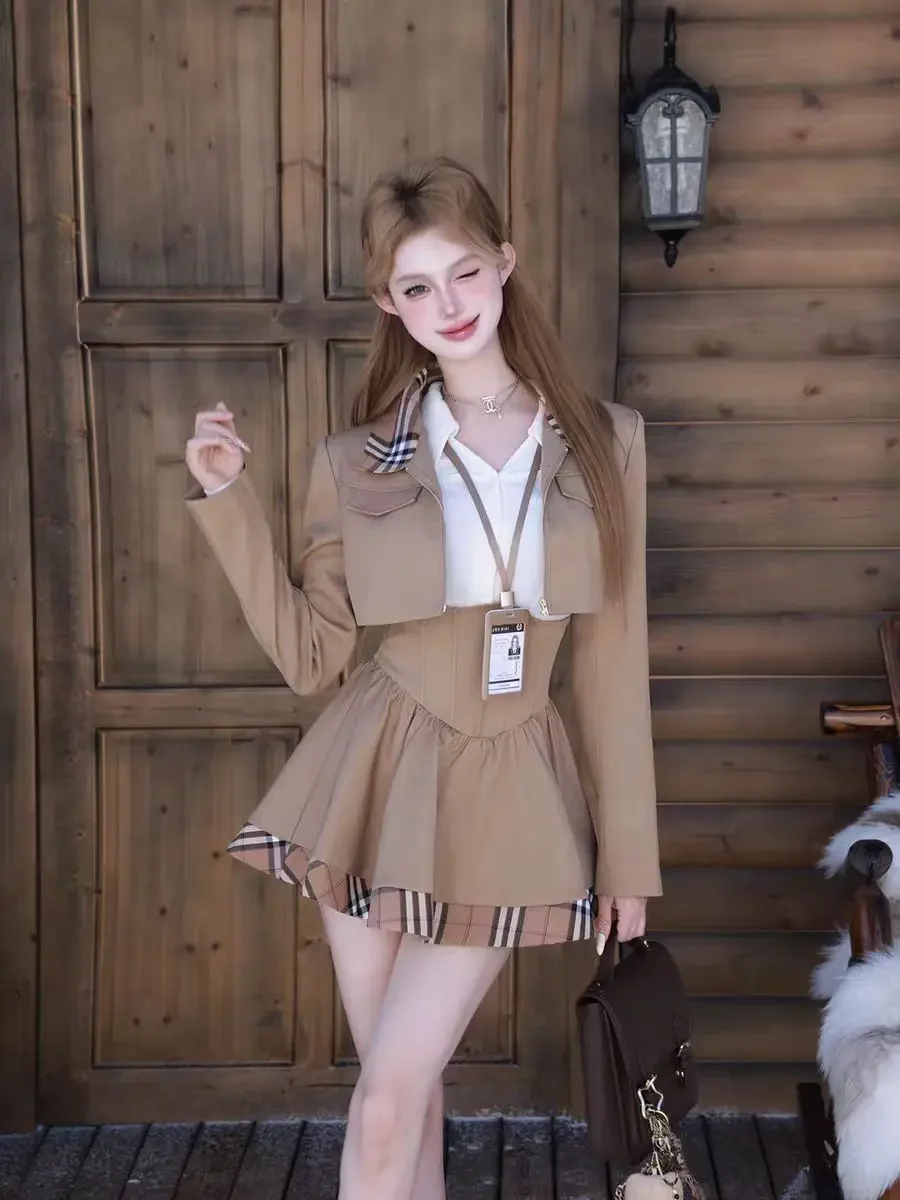 Winter Brow Japanese New Three Piece Set Women Pladi Blazer Coat+solid Blouse+retro Skirt Female Korean Fashion Skirt Suit 2024