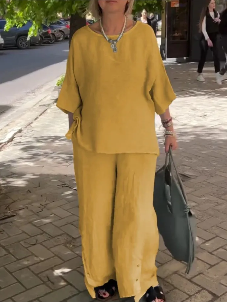 أزياء المرأة بلون القطن فضفاض قطعتين مجموعات الربيع الصيف س الرقبة 3/4 كم جيب بنطال ذو قصة أرجل واسعة الإناث 2 قطعة مجموعة #6