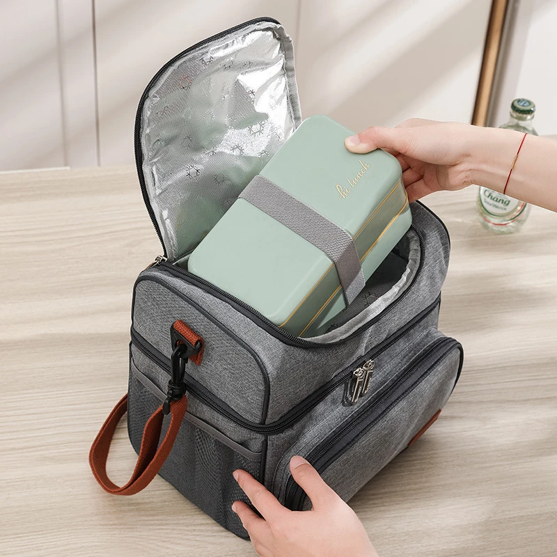 Double Layer Lunchbox Storage Thermal Bag Large Capacity Tote Shoulder Food Drink Insulation Bags Outdoor Picnic Bento Lunch Bag