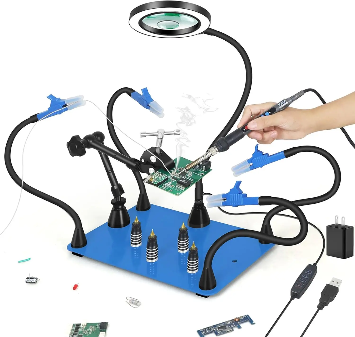 Magnetic Soldering Tool with 6X/3X Magnifier & LED Light - Adjustable Alligator Clips, Heavy Duty Base for Electronics Repair, J