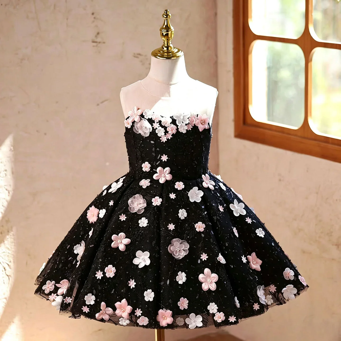 

Black Strapless Big Bow 3D Pink White Floral Sequin Tulle Baby Flower Girl Dress Mini Long Tail Toddler Photoshoot Gown Custom