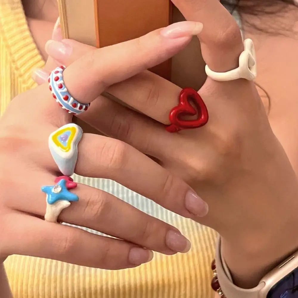 Korean Style Enamel Heart Ring Retro Chunky Jewelry Y2K Geometric Ring Minority Design Alloy Dripping Oil Finger Buckle Friend