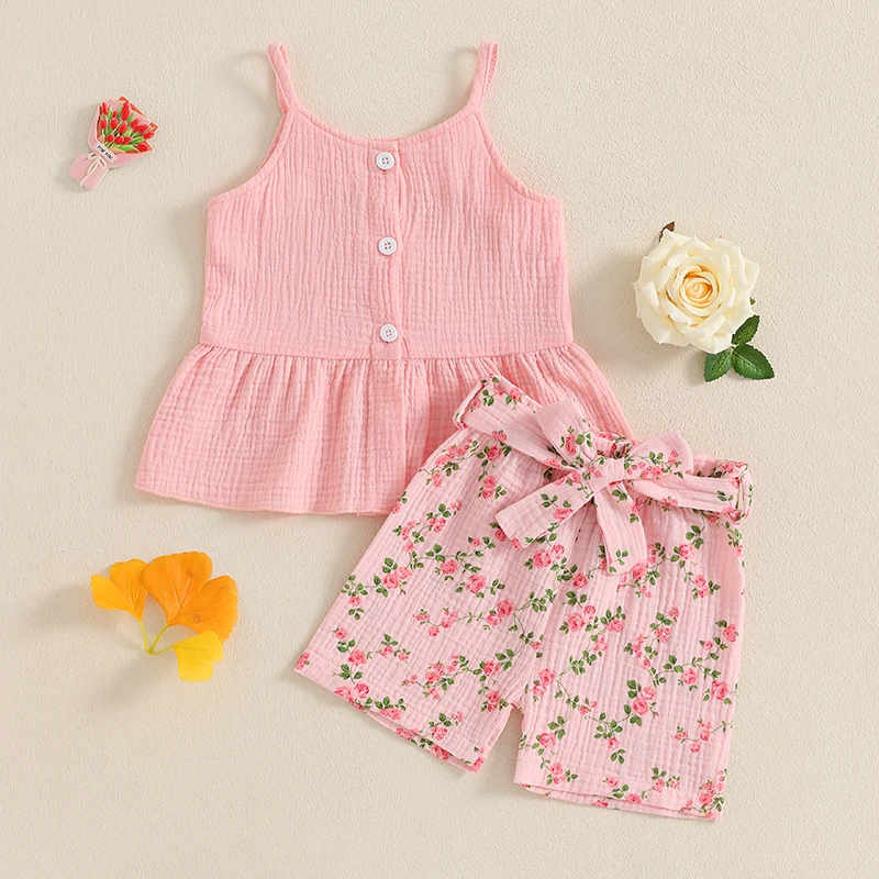 1-4Y Summer Kids Baby Girl Solid Button Front Camisole Tops Floral Print Shorts 2PCS Outfits Girls Children Clothing Set