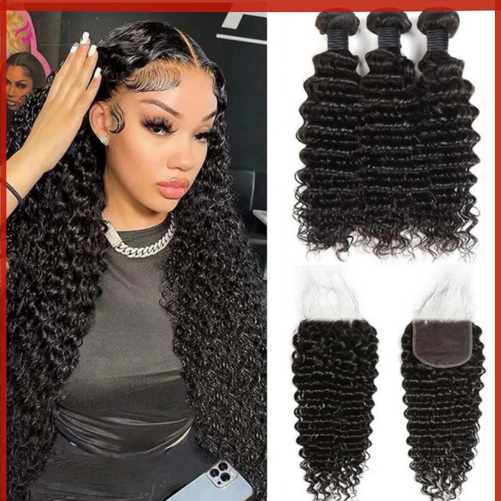 

Глубокая волна 3 пучка с застежкой 4x4 100% необработанные необработанные человеческие волосы Полные и толстые 3 пучка с кружевной застежкой 4x4 HD 12A BPHW