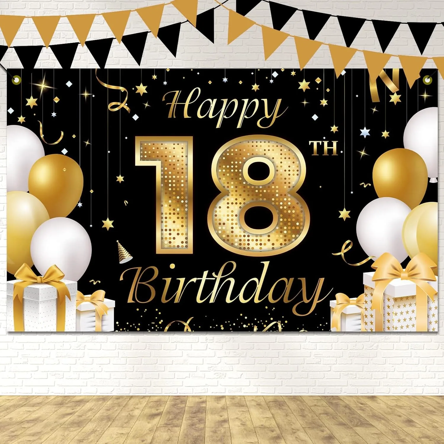 Schwarz-Gold 18. Geburtstag Hintergrund Geburtstagsparty Banner Kulisse Glitzer Ballon Deko für 18. Party Jubiläumshintergrund