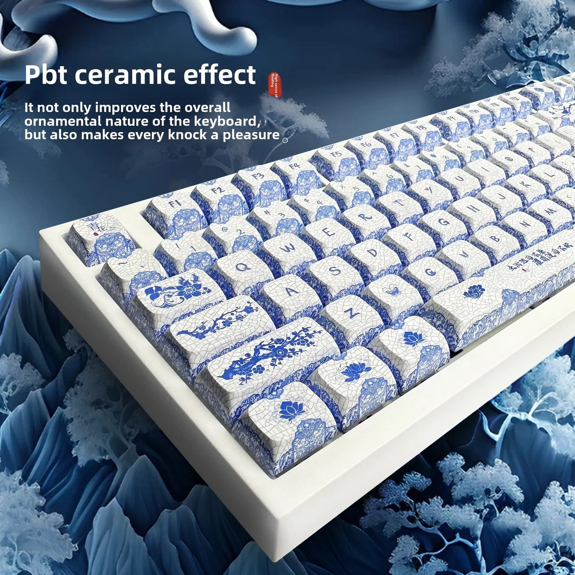 Blauw en wit porselein keycap spiegel keramisch effect PBT vijfzijdige warme sublimatie gepersonaliseerde op maat gemaakte wooting mechanisch