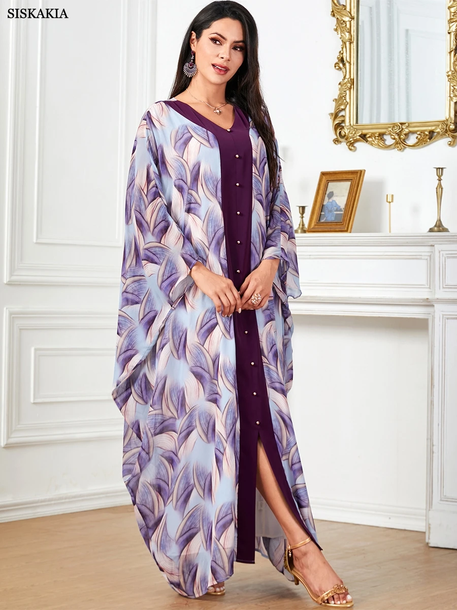 Siskakia Long Dress With Beading Floral Print Muslim Dresses With Batwing Sleeve Crew-Neck Dubai Turkey Arab Elegant Loose Cloth