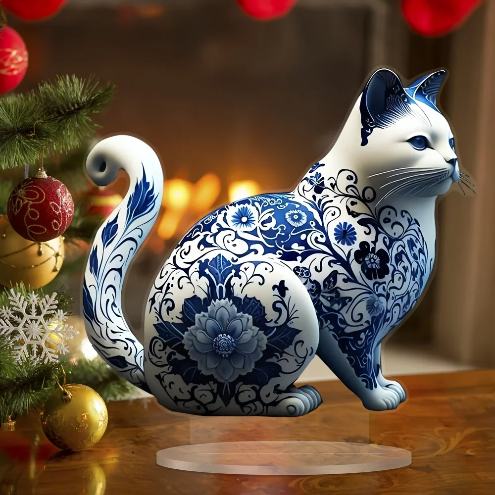 Fashionable Blue White Porcelain Cat Ornament With Acrylic Bracket - Waterproof Multi Functional Home, Office, And Cafe