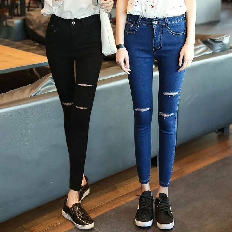 High Waist Denim Jeans Women's Outerwear Black Hole Spring New Korean Version Elastic Slimming Ankle-Length Pants