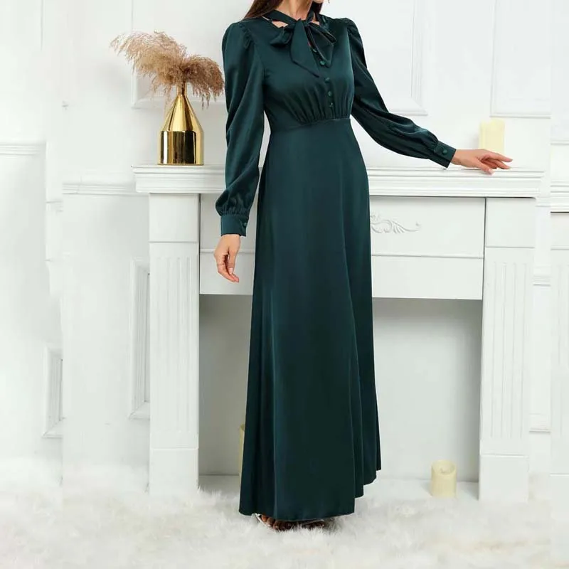 Women Fashion Satin Long Dress Bowtie Chic Elegant Evening Dresses Muslim Lady Abaya Turkey Dubai Morocco Kaftan Arab Green Robe