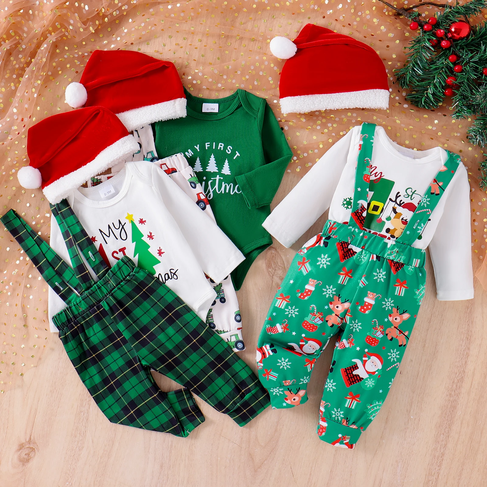 3PCS Autumn New Style Comfortable Casual Printed Long-Sleeved Jacket + Bib Pants For Boys And Babies Aged 0-1. Christmas Set