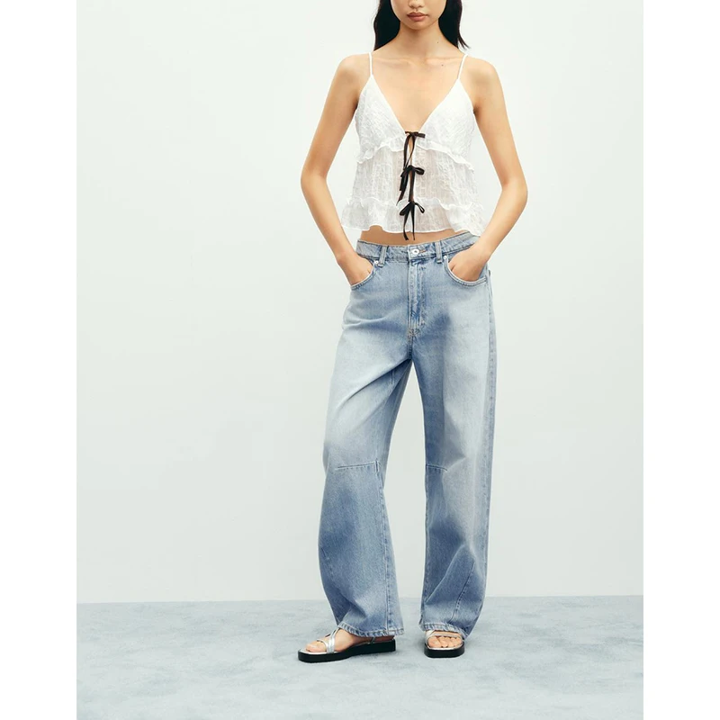 Summer New Women's Ins Sle Layered Decoration Cute Color Blo  Knot Decorated Strap Top Commute Sle ort Lengt...