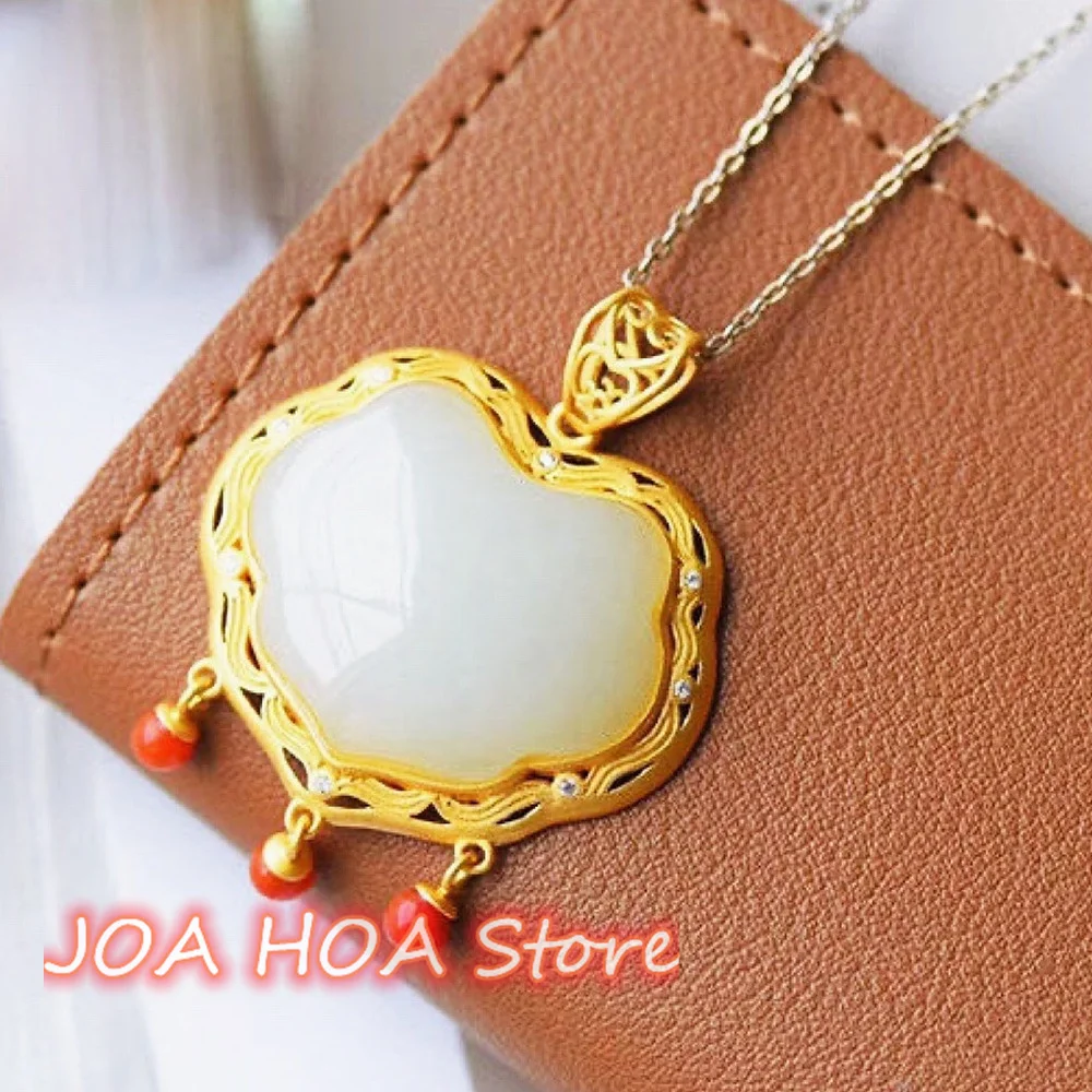 

New Inlaid Natural Suet White Gold Silk Jade Chinese Style Ruyi Lock Pendant Lucky Buckle Exquisite-Jade Necklace Chain Jewelry