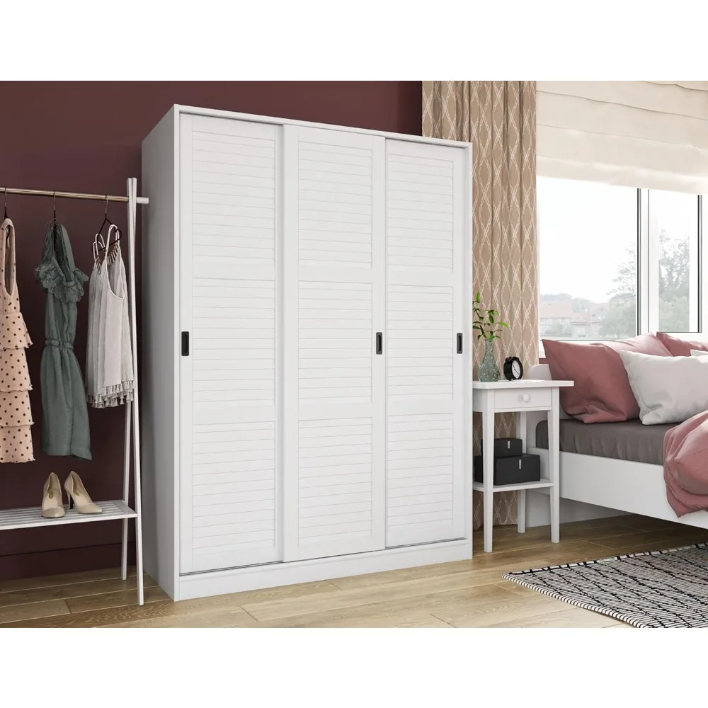 100% Solid Wood Wardrobe with 3 Louvered Sliding Doors, White, 5 Shelves Included, 52