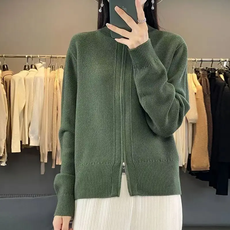 

Zipper Long Sleeve Knitted Cardigan Women's Coat Autumn Winter Stand Collar Sweater Cardigan Casual Temperament With Top Sweater