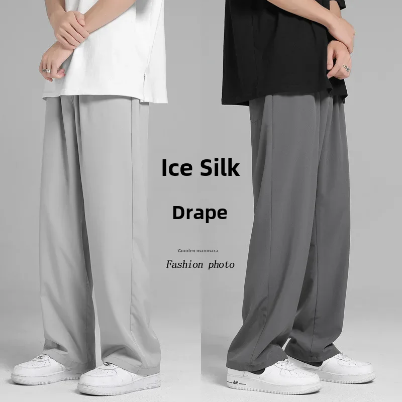 saferido Summer Pleated Pants Men Fashion Oversized Casual Ice Silk Pants Mens Japanese Streetwear Loose Straight Pants Mens Trousers