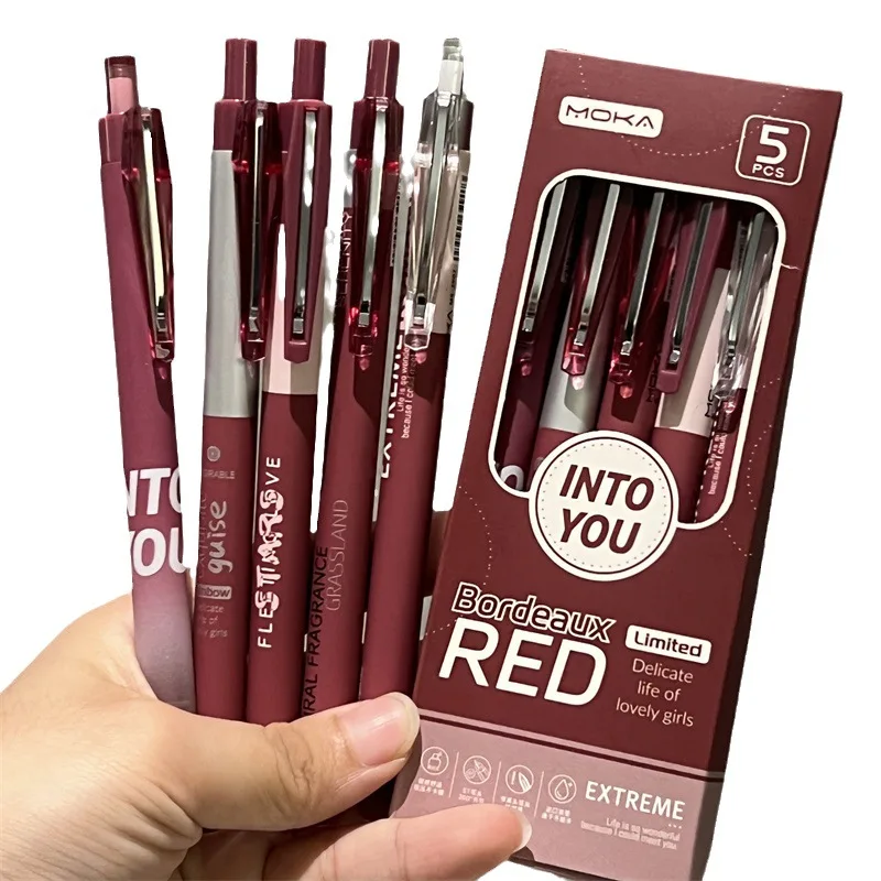 5pcs Kawaii Pens Bordeaux Red Retro Gel Pen Black Ink School Supplies Back To School Japanese Stationery Pen Set Aesthetic