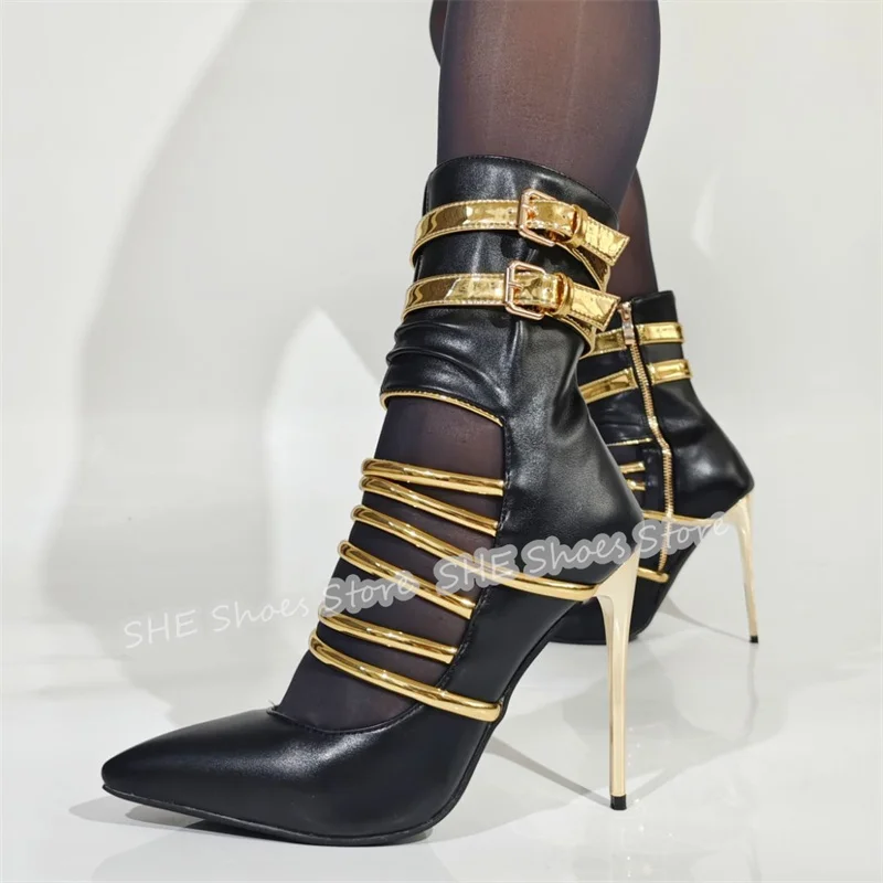 

Sexy Narrow Band Hollow-Out Summer Cool Boots for Women Mixed Color Pointed Toe High Heel Buckle Strap Pumps Ladies Dress Shoes