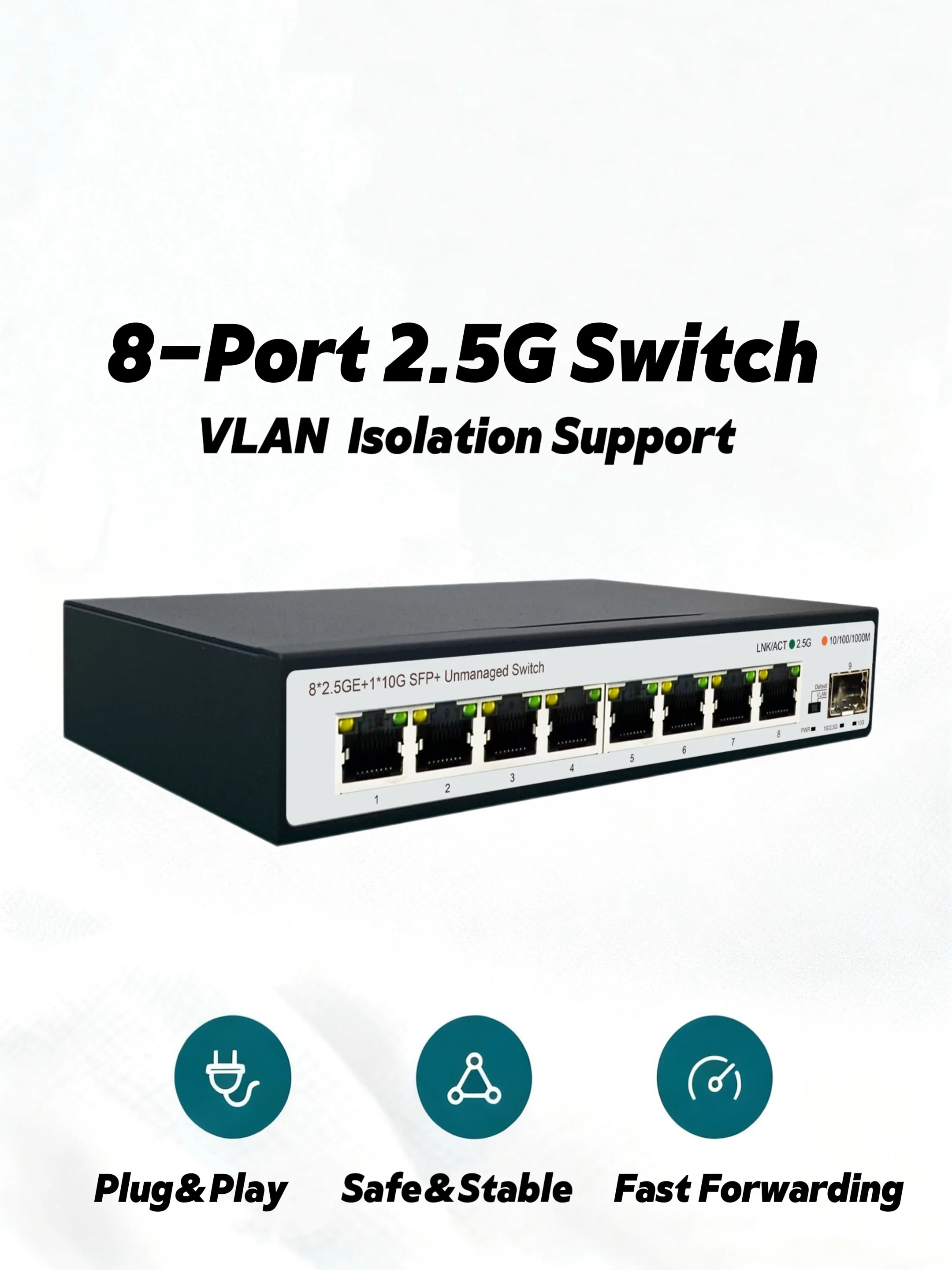 2.5G 8-Port Multi-Gigabit Ethernet Switch with 8-2.5Gb Ports and 1-10Gb SFP for Uplink Unmanaged Plug and Play