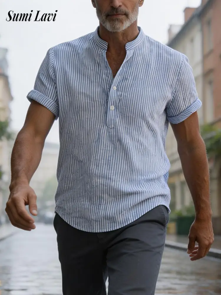 Summer Vacation Stripped Tee Mens Fashionable Loose Breathable Polo Shirt Vintage Crew Collar Button Short Sleeve T-shirts Men