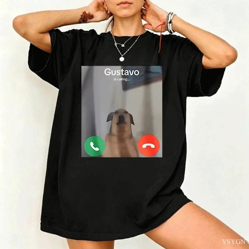 Gustavo The Dog'S Funny Phone Call Graphic T-Shirt Women's Black Casual Short Sleeve Round Neck Tee with 