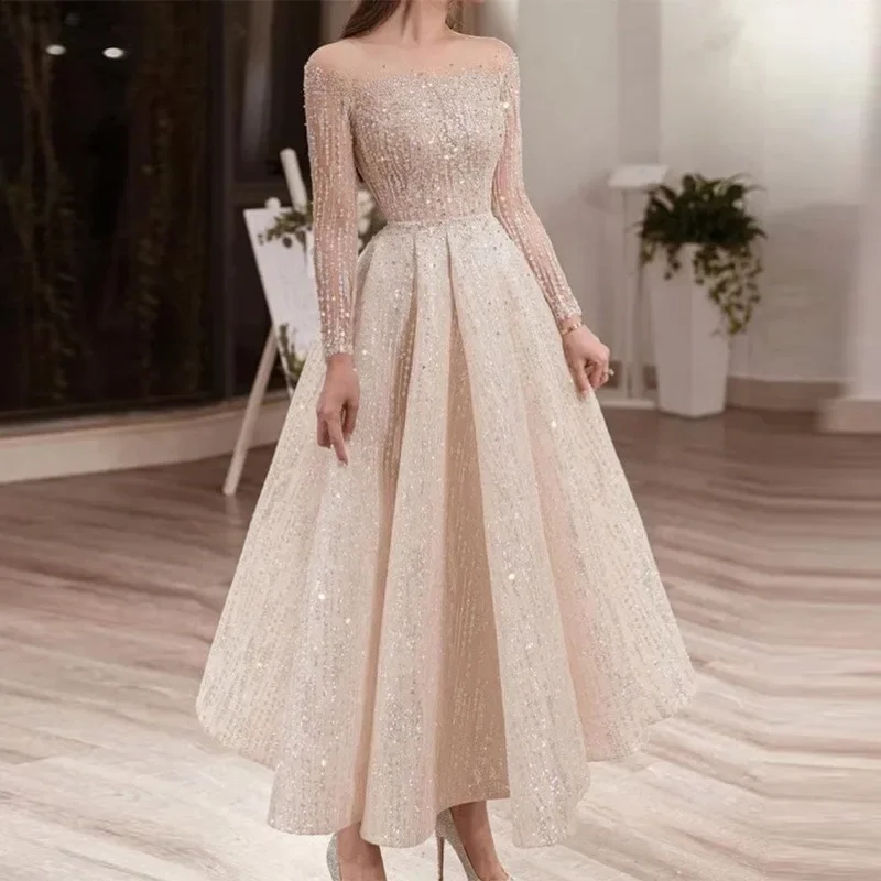 

Women Elegant Long Sleeves Mesh Round Neck Midi Long Dress Bride Bridesmaids Wedding Party Gowns