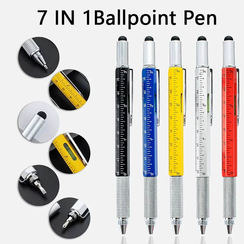 

7 In 1 Multifunctional Ballpoint Pencil Touch Screen Stylus Capacitive Pen With Screwdriver Ruler Levelgauge Refillable Tool Pen
