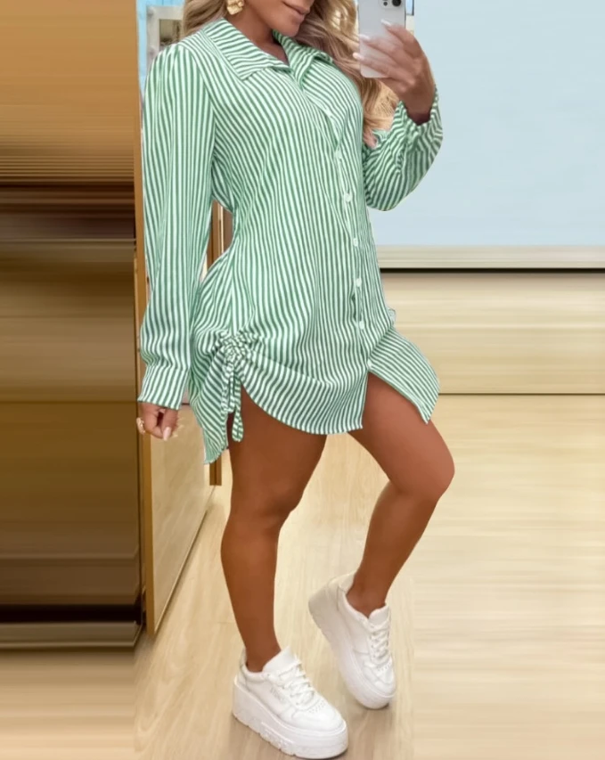 New Style for Women 2024 Spring Summer Mini Dresses Casual Simple Long Sleeve Striped Side Drawstring Buttoned Shirt Dress