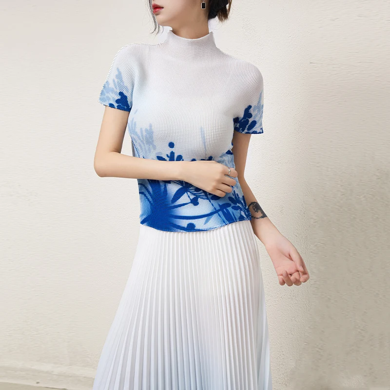 الجملة عالية الجودة مياكي مطوي مطاطا تمتد الأعلى وتنورة مطوي 2 قطعة تنورة مجموعة المرأة الصيف مجموعة