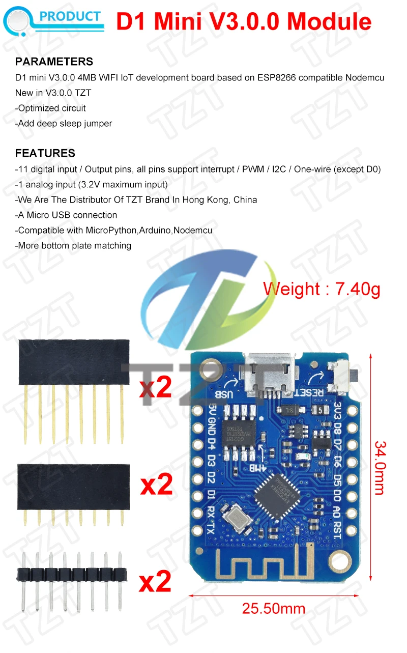 WeMos D1 Mini Pro V3.0 NodeMcu TZT 4 MB/16 MB Bytes Lua WIFI Internet of Things Entwicklungsboard basierend auf ESP8266 CH340G Nodemcu V2 – Detail 13