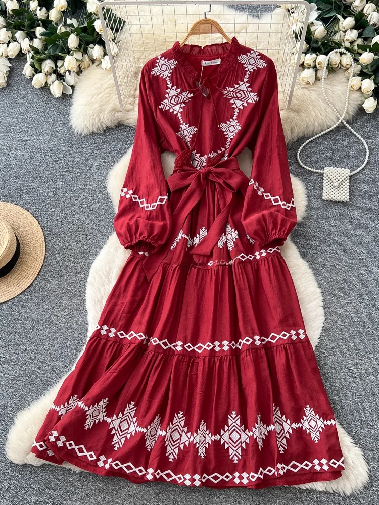 

Elegant Red Embroidered Slim Fit Long Sleeve Dress Women's Spring Autumn Stylish Waist Cinched Maxi Dress Commute Ready