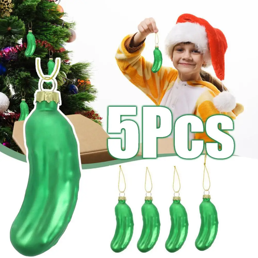 

5Pcs Christmas Pickle Hanging Ornament Christmas Tree Decorations Pickle Glass Blown Green Cucumber Craft Pendant Tags with Rope