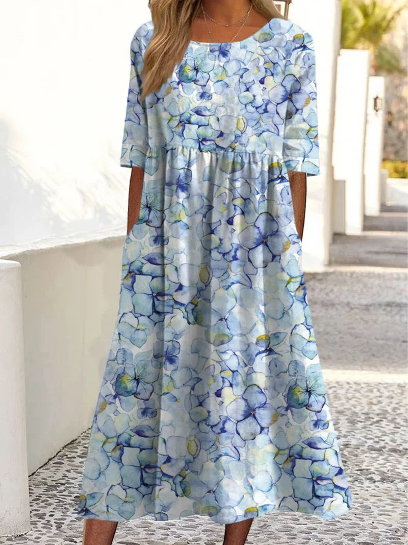 Robe ample à imprimé floral pour femmes, col rond, manches courtes, poche, Europe et États-Unis, nouvelle mode, été, 2024