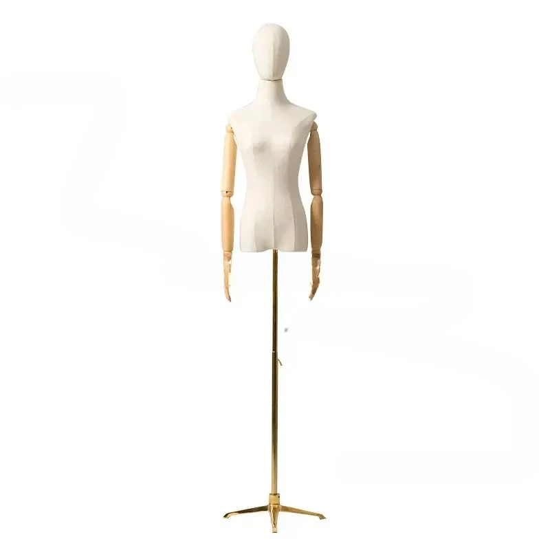 Female Head Half Body Mannequins for Women's Clothing Mannequin with Metal Base Clothing Display Stand Adjustable Wood Arm Rack