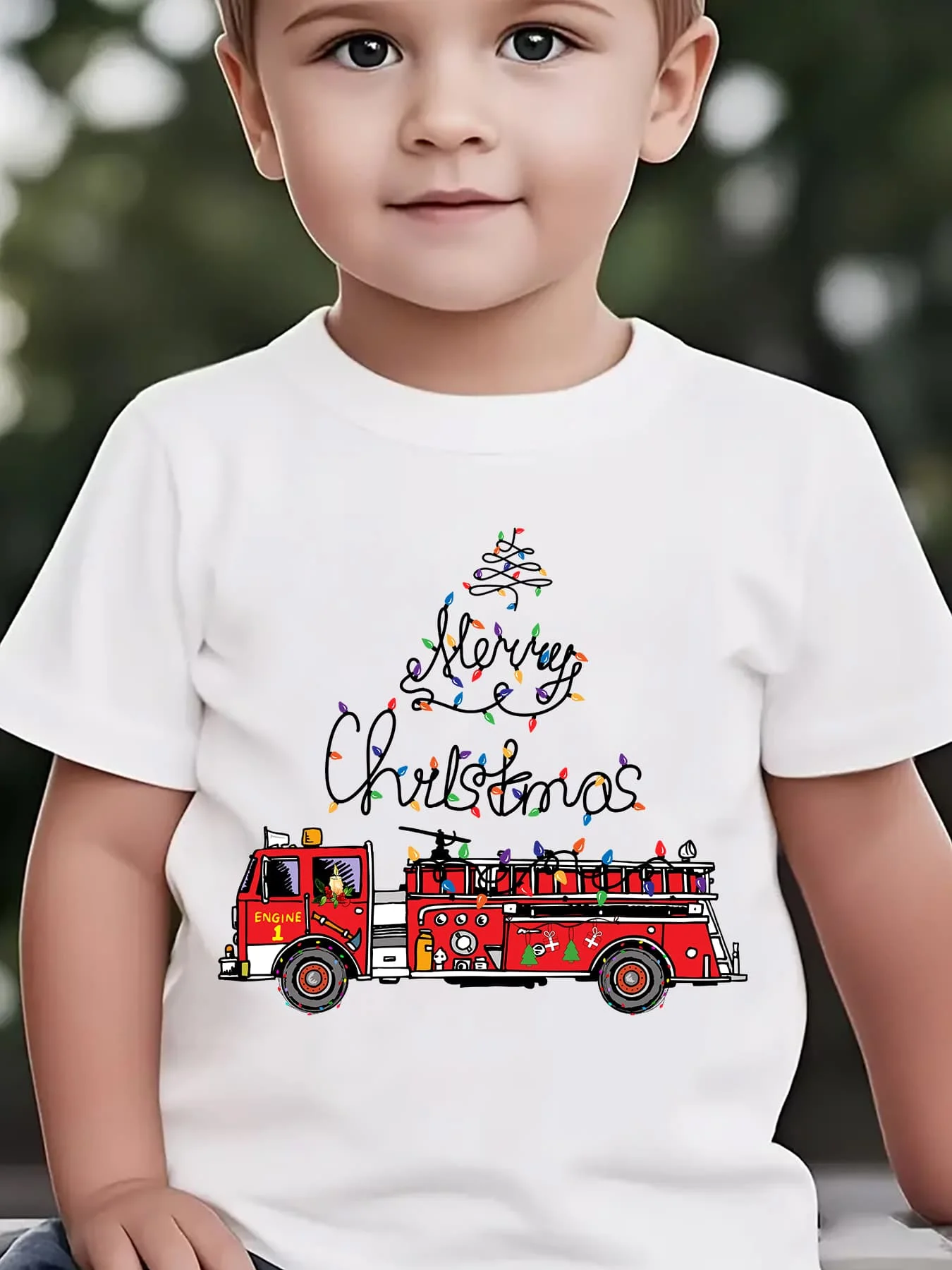 Christmas' Summer Children's Fashion T-shirt 'MERRY CHRISTMAS' Alphabet Element Fire Truck Printed Casual Parent Child Top