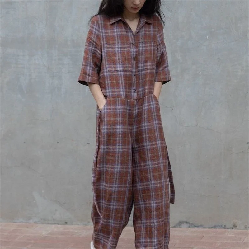 

Китайский пеньковый клетчатый комбинезон, женский комбинезон на шнуровке с высокой талией, свободный летний комбинезон, уличная одежда, цельный наряд с короткими рукавами