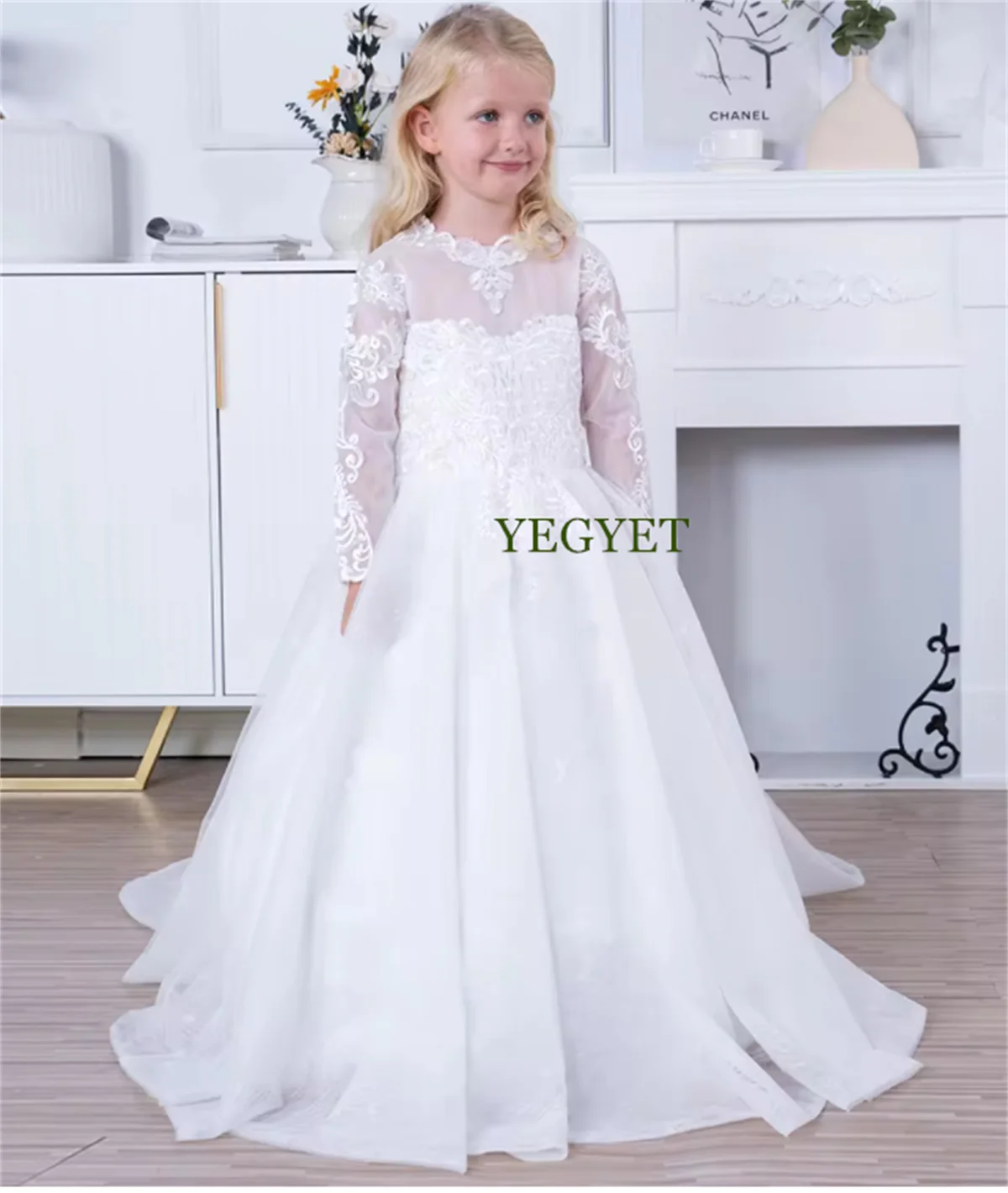 New White Holy First Communion Dress for Girls Long Sleeves A-Line Princess Wedding Flower Girl Dress Kid Size 1-14T