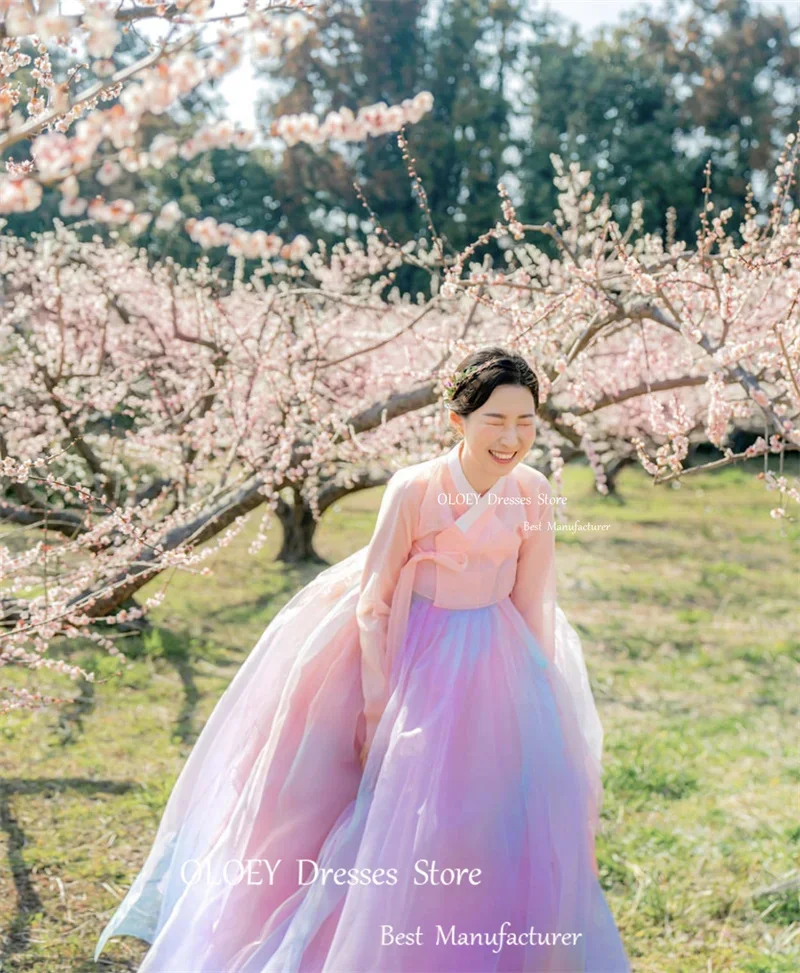 Lisme Korea Vrouwen Formele Outfit Jurken Regenboog Tule Lange Mouwen Paars Roze Fee Avondjurken Fotoshoot Op Maat Gemaakt