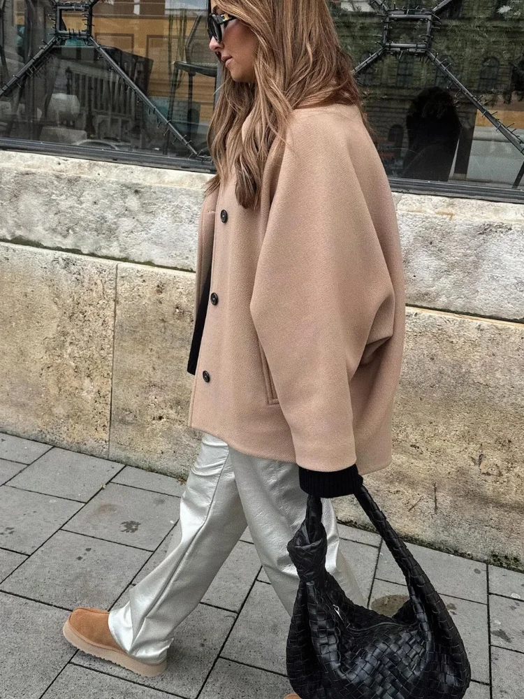 Fashion Single Breasted Lapel Woolen Coat Women Oversized Pockets Short Jackets Autumn Clothing Streetwear Outerwear 2024 image 2