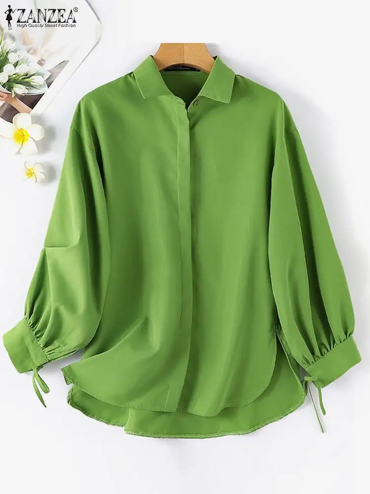 ZANZEA Fashion Women Blouse Stylish Solid Loose Muslim Blouse Dubai Turkey Blusas Autumn Elegant Long Sleeve Lace Up Green Tops