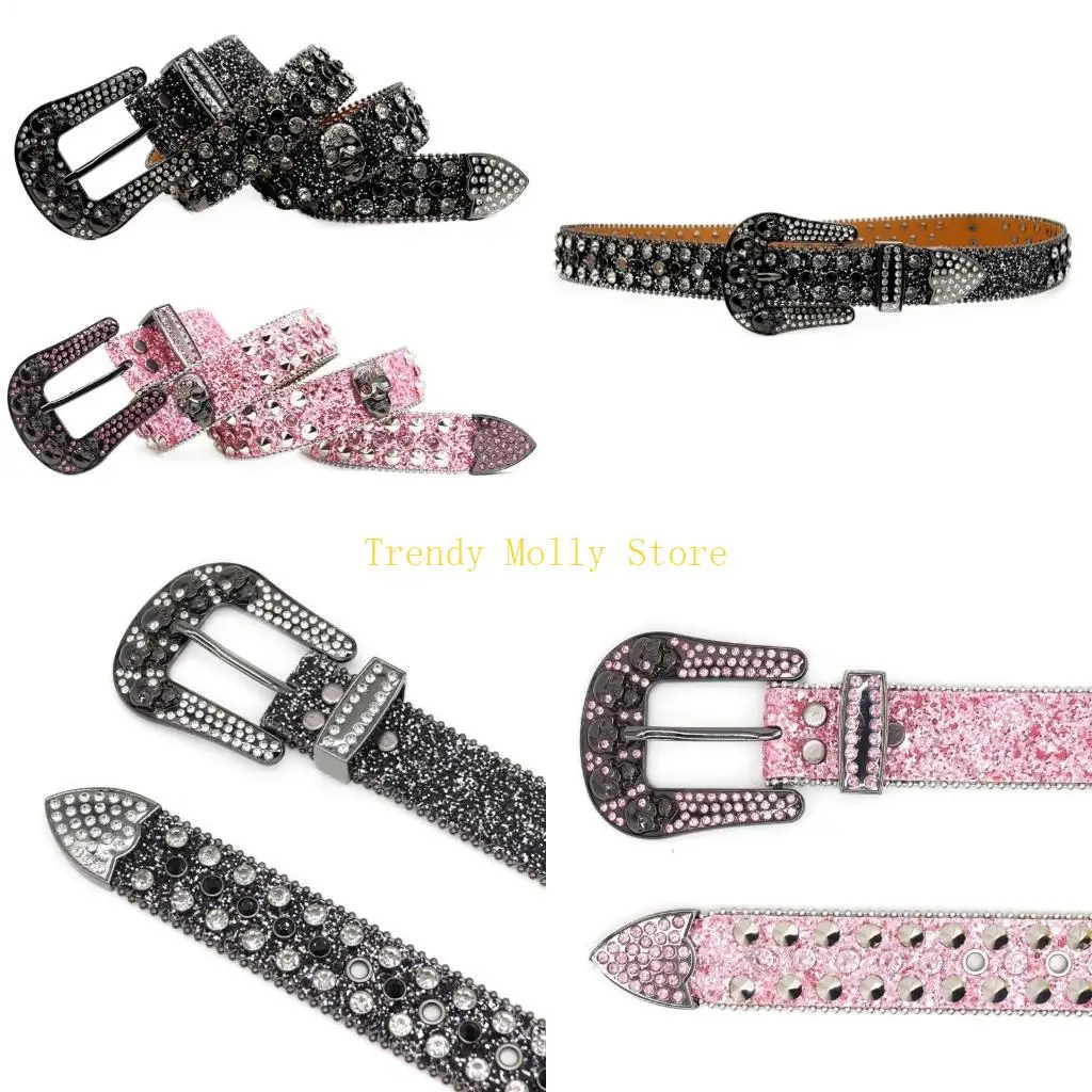 أحزمة N5KB بإبزيم على شكل جمجمة ماسية لعشاق ثقافات الشوارع وحزام خصر مزين بالترتر #1