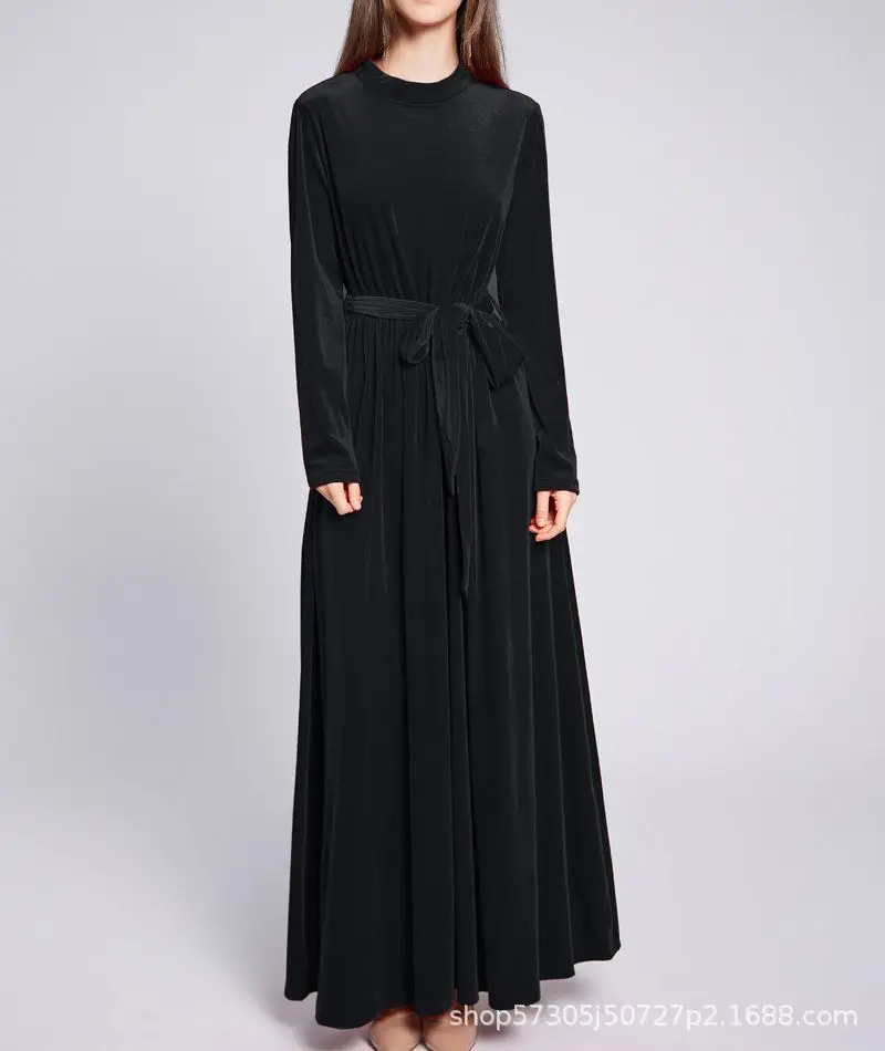 Robes d'automne et d'hiver pour femmes, manches longues, arabie saoudite, ceinture, col rond, couleur unie, dubaï, Abayas, Robe musulmane