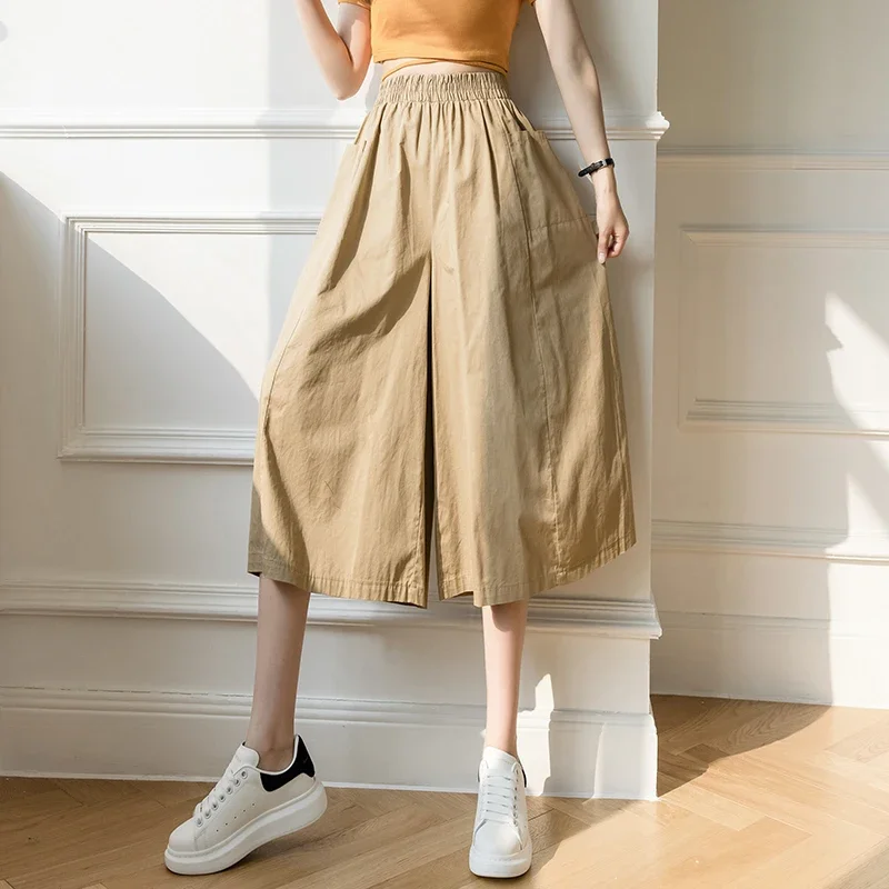 

Women Spring Summer Fashion Pocket Wide-leg Pants 2024 Casual Elastic High Waist Loose Trousers Female Japan Style Ladies Pant