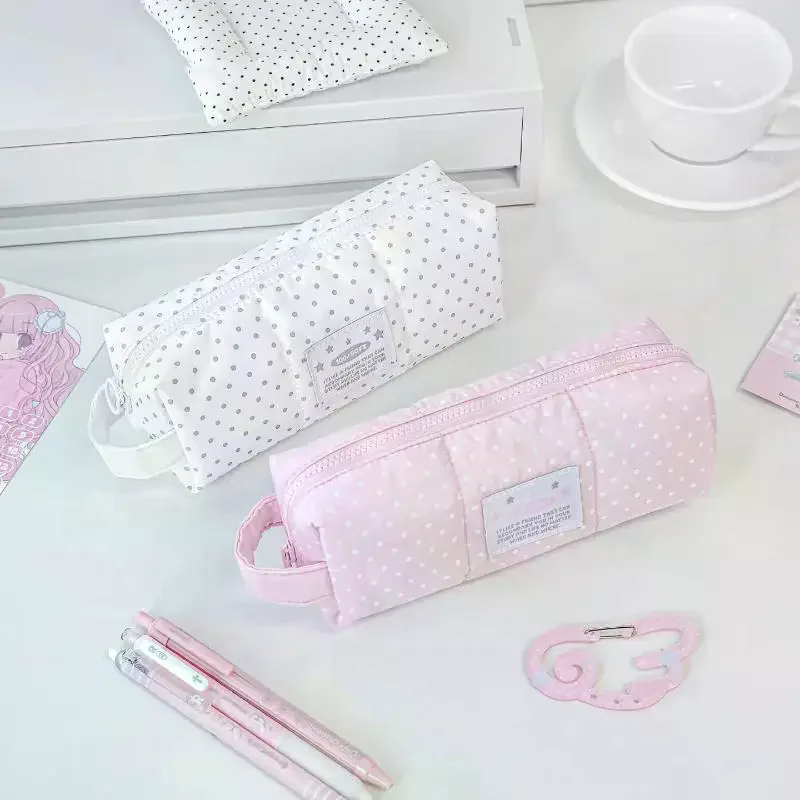 1Pcs Sweet Cloth Polka Dot Pencil Case Large Capacity Makeup Bag Pencil Storage Bag Zipper Hand-held Stationery Pouch Kids Gift