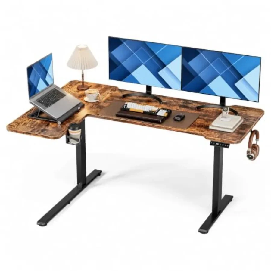 L Shaped Electric Standing Desk for home office, engineered wood in white, height-adjustable with dual motors and memory preset